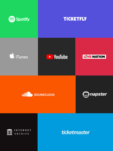 Grid of colored squares containing logos of Sparkmesh source sites, including Spotify, iTunes, YouTube, Soundcloud, The Internet Archive, Napster, Ticketfly, Ticketmaster, and Live Nation