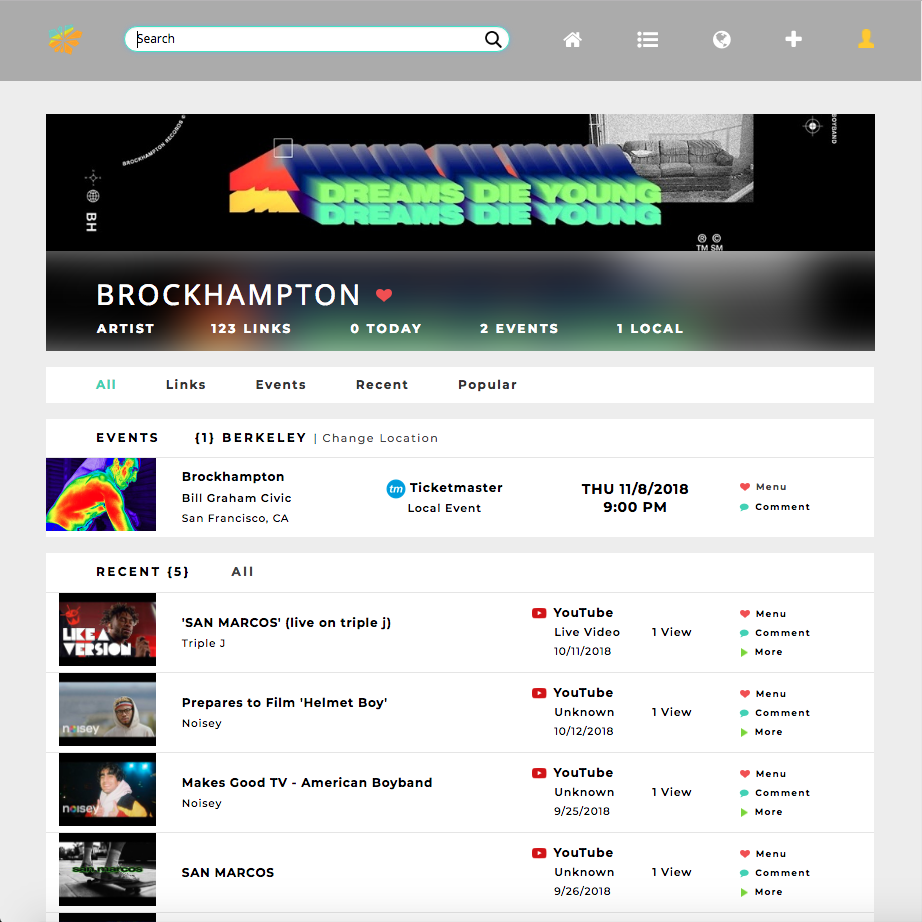 Expandable image of example artist page displaying both artist events and links in one place
