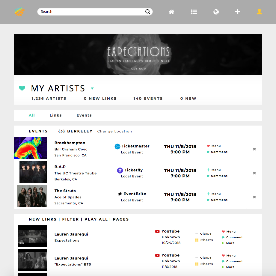 Expandable image of homepage displaying both artist events and links in one place