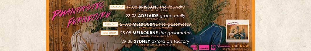 Large banner image of Phantastic Ferniture linking to their artist page due to them being the most commonly displayed artist on this title page