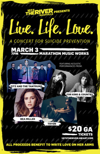 Thumbnail image for the event 107.5 The River Presents Live. Life. Love. A Concert for Suicide Prevention featuring acoustic performances from Fitz and the Tantrums supplied by the hosting site