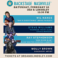 Thumbnail image for the event BACKSTAGE NASHVILLE! VIP DAYTIME HIT SONGWRITERS SHOW feat.  Wil Nance ,  Steve Williams ,  Ray Stephenson &  Molly Brown supplied by the hosting site